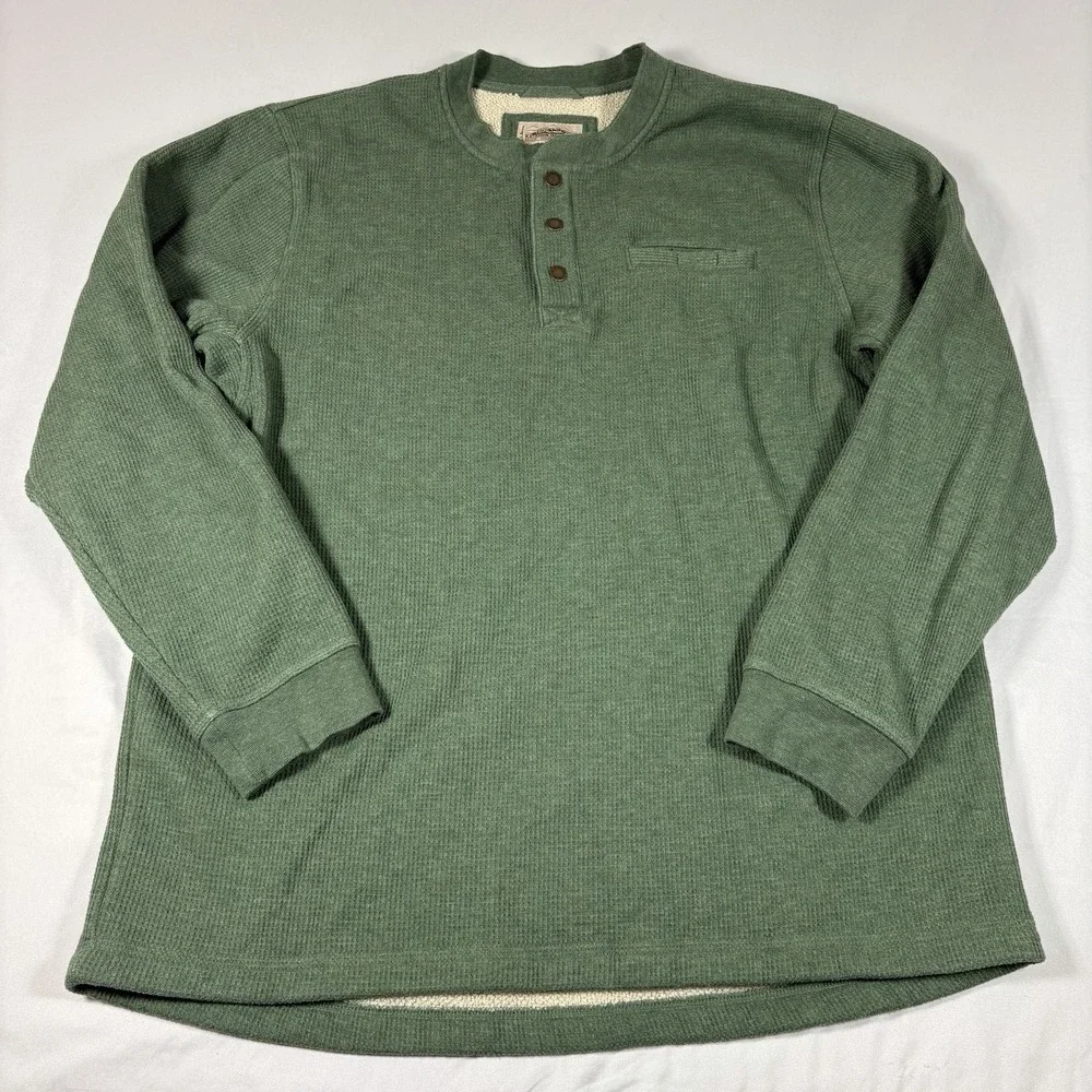 LL Bean Katahdin Iron Works Bonded Waffle Henley XLT Tall Green Sherpa Fleece